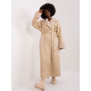 Béžový dlouhý kabát s páskem -LK-PL-509460.00P-beIge Velikost: S/M
