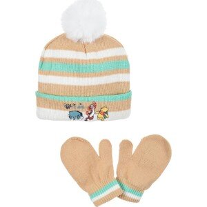 Winnie the Pooh béžovo-bílá pruhovaná čepice s rukavicemi Velikost: 50