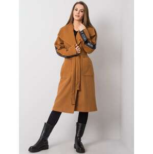 Hnědý dámský kabát s pruhem na rukávu -LK-PL-508316.95P-brown Velikost: 38