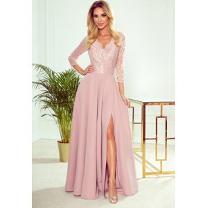 Elegantní růžové krajkové dlouhé šaty s výstřihem ELISA 309-4 Velikost: XL